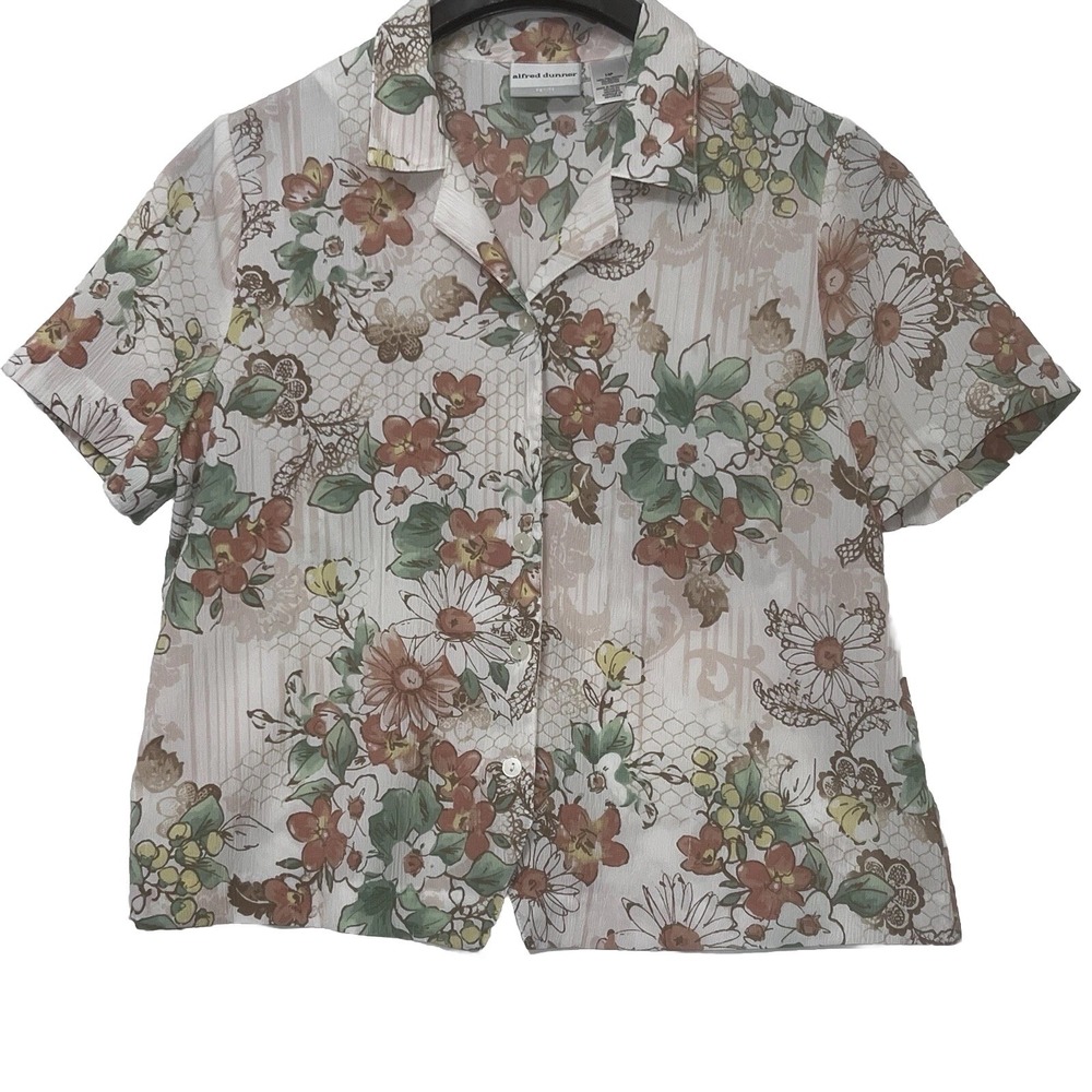 Alfred Dunner Women Petite 14P Floral Design Shoulder Pad Button Shirt Blouse